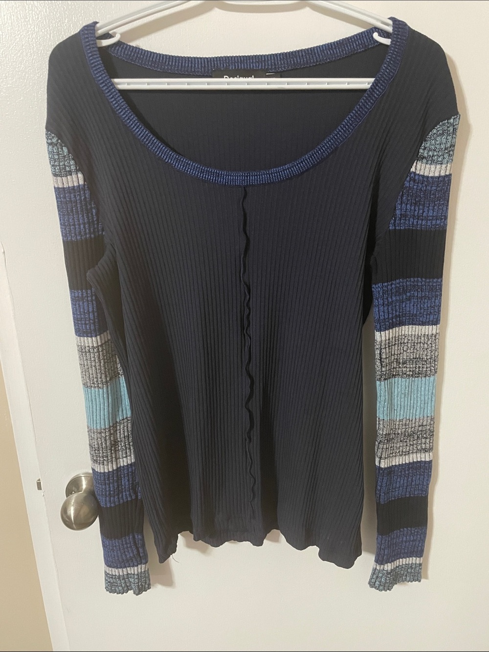 Desigual Navy Ribbed Scoop Neck Sweater with Striped Sleeves Size XXL